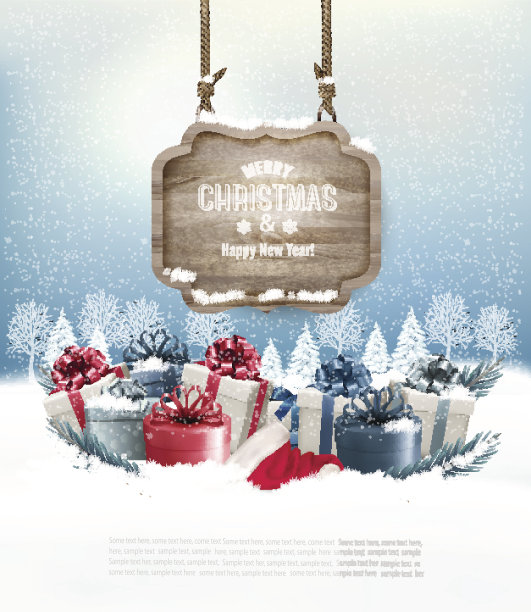 冬季背景与礼品盒和木制装饰图片下载