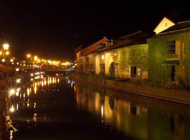 小樽运河上的旧仓库和路灯倒影图片下载