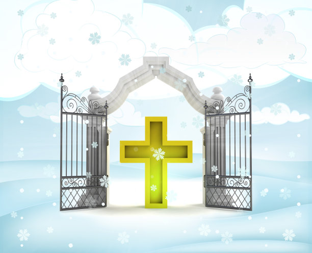 圣诞大门入口与金色十字架在冬天的雪花图片下载
