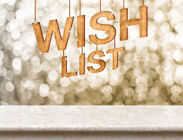 愿望清单木材纹理大理石桌子与闪闪发光的bokeh图片下载