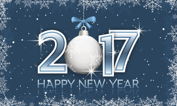 蓝色的2017年新年横幅，上面挂着装饰品和蝴蝶结。图片下载