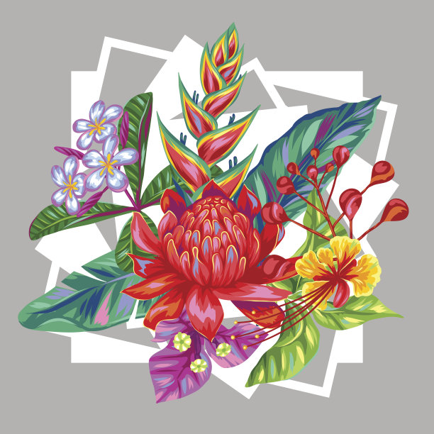 用泰国花印刷。热带多色植物，叶和芽图片下载