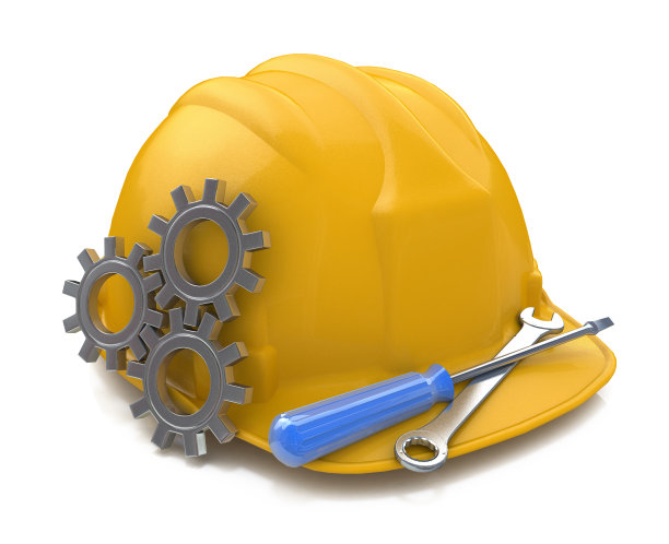 黄色安全帽及齿轮工具。3 d图标孤立图片下载