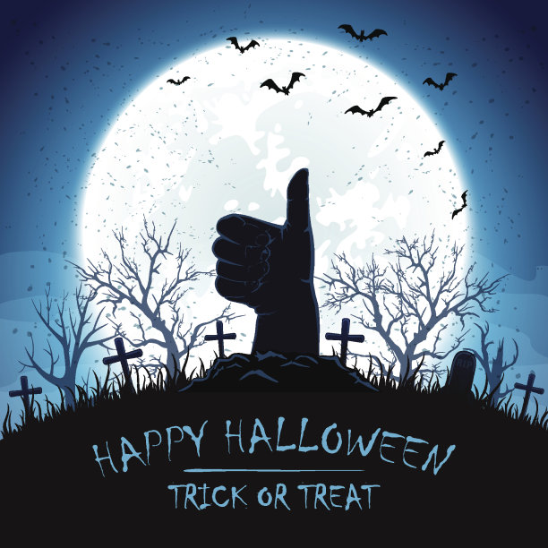 墓地竖起大拇指的蓝色万圣节背景图片下载