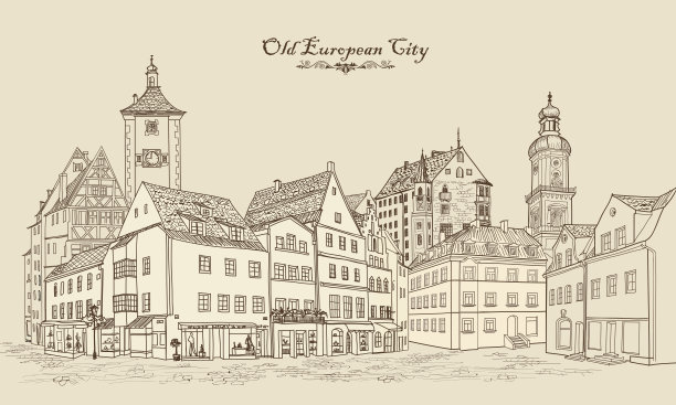 老城区的街头咖啡馆。城市:塔,城堡。古老的广场。图片下载