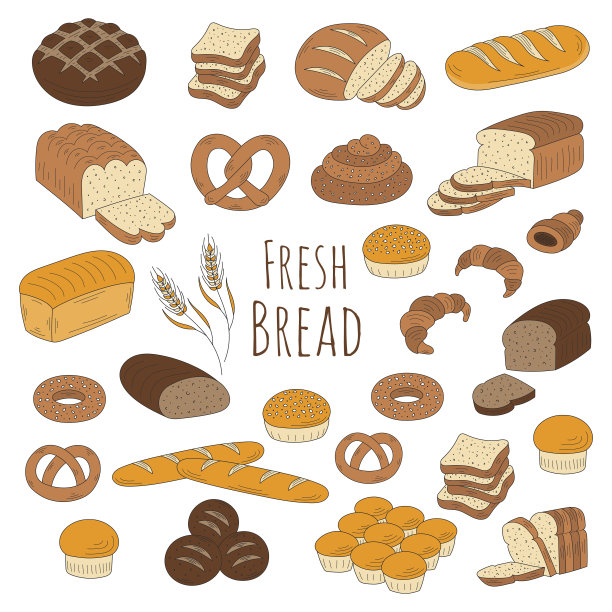 面包店新鲜面包收集涂鸦风格矢量插图。图片下载