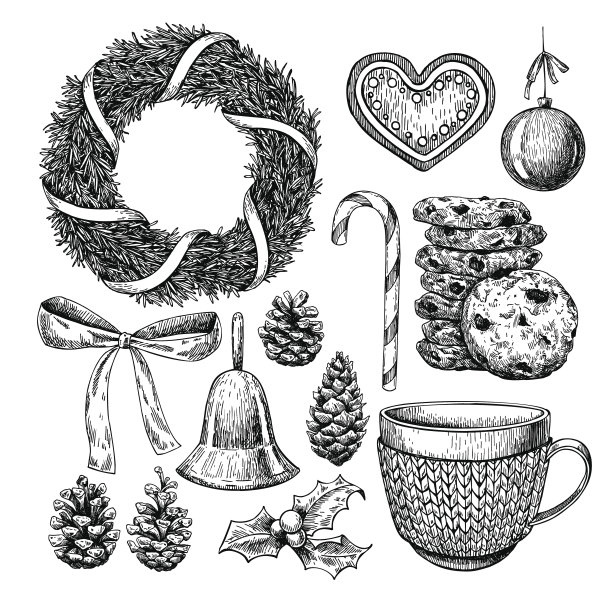 圣诞节的对象集。手绘矢量插图。圣诞节的图标图片下载