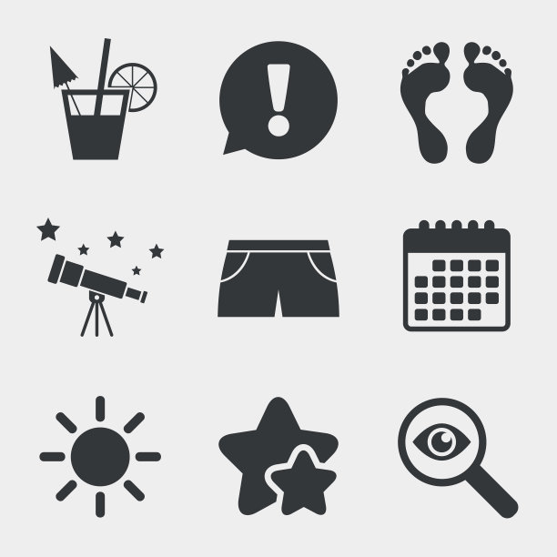 海滩假期图标。鸡尾酒,人类的足迹。图片下载