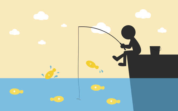 渔夫在清澈的水里钓黄色的鱼。图片下载