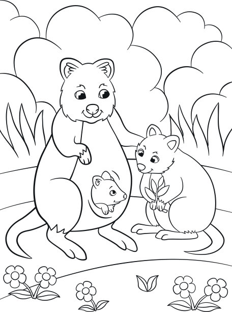 着色页面。短尾矮袋鼠妈妈和她可爱的宝宝们。图片下载