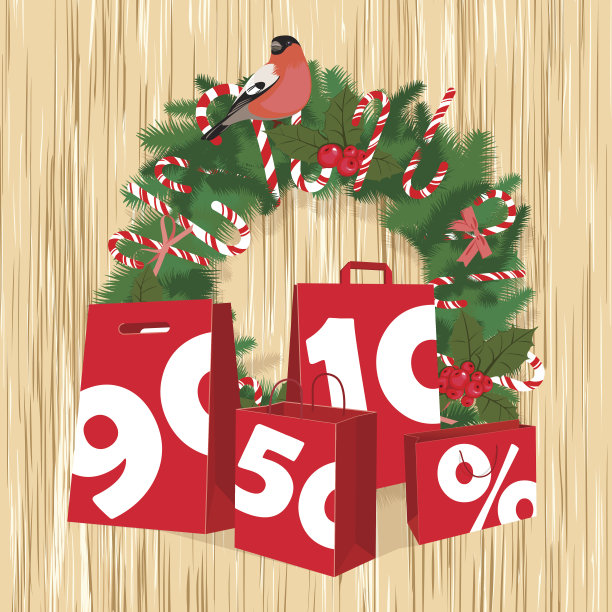 圣诞树上挂着新年花环，纸袋，小鸟图片下载