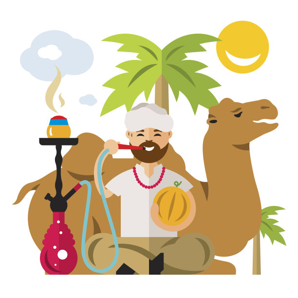 抽水烟的阿拉伯男人扁平风卡通插画矢量素材图片下载