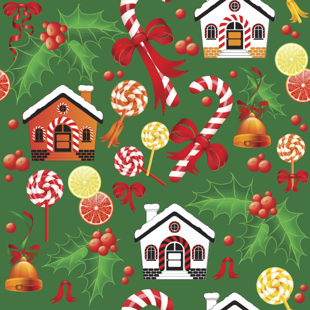 无缝图案的圣诞糖果手杖，铃铛，房子和冬青。图片下载