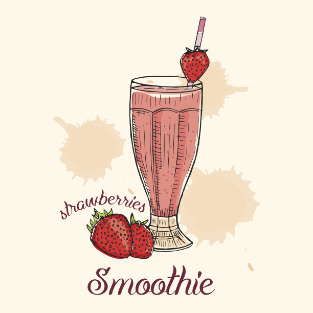 草莓冰沙玻璃杯和吸管。矢量插图，平面设计。图片下载