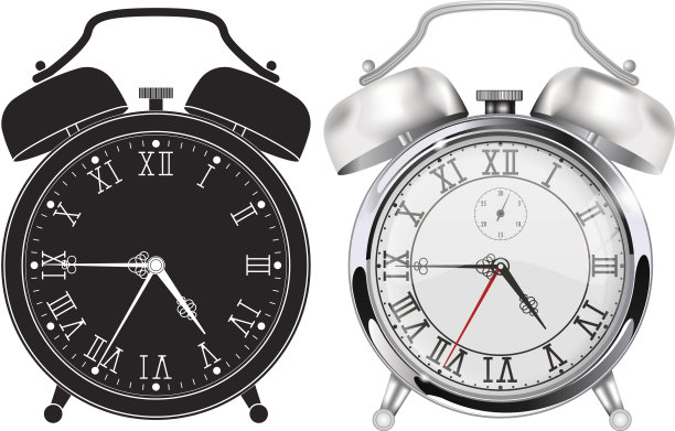 闹钟。复古时钟，现实向量和黑色图标图片下载