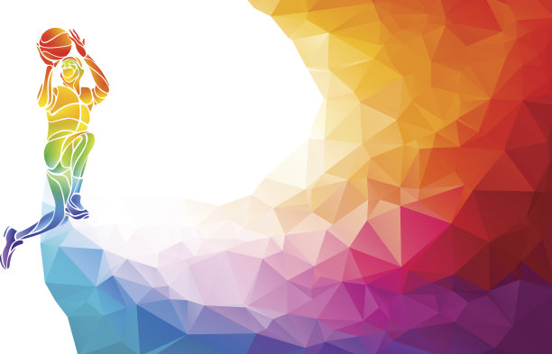 篮球运动员跳投多边形剪影上彩色低多边形素材图片
