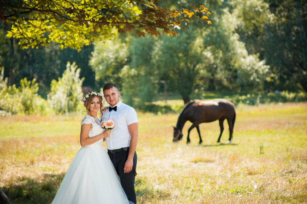 新婚夫妇站在一匹马后面拥抱。图片下载