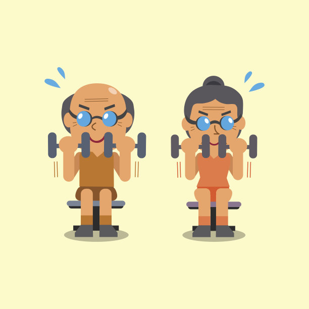 卡通老年男女在做哑铃卷曲运动图片下载