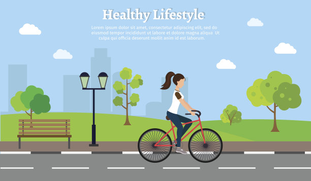 女性健身自行车设置矢量插图生活方式城市景观背景素材图片