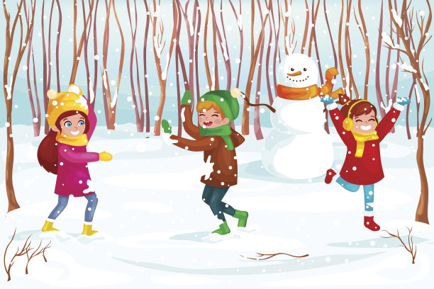 冬季儿童矢量插图。男孩和女孩在玩雪球。素材图片