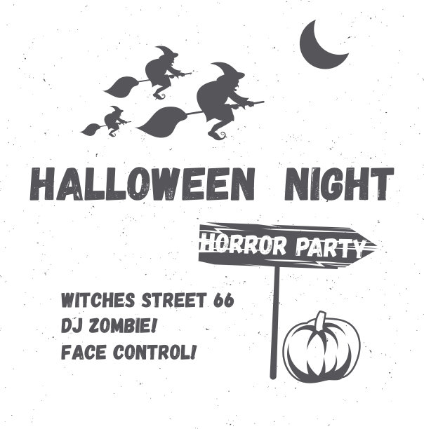 黑白万圣节海报，女巫，南瓜。合适的装饰图片下载