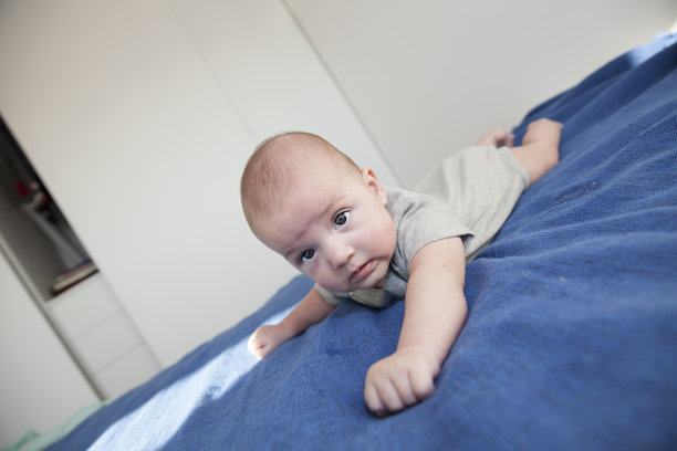 婴儿躺在床上看镜头图片下载