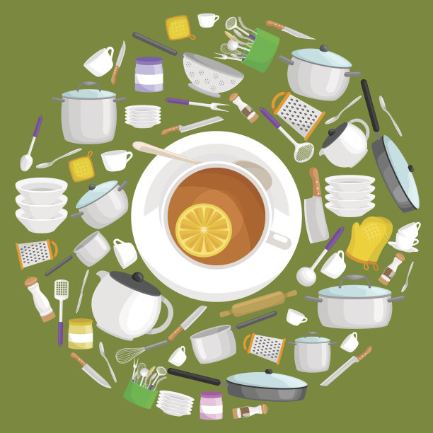 厨具图标向量集。卡通厨房用具收集匙壶图片下载