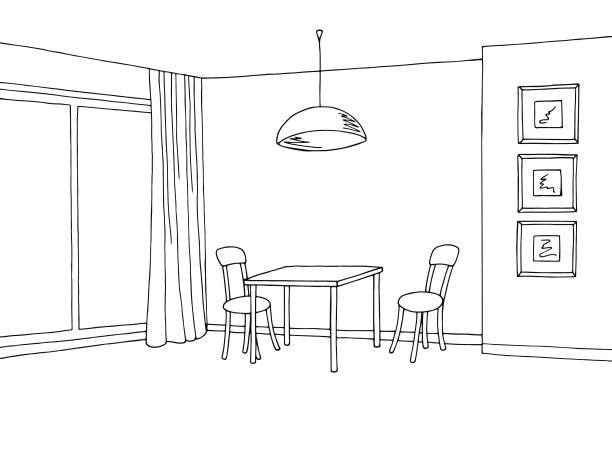 厨房室内图形黑白草图插图矢量图片下载