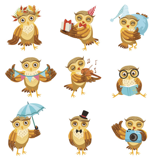 可爱的棕色猫头鹰日常活动图标设置图片下载