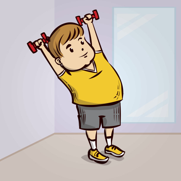不喜欢运动的年轻人用哑铃做运动。手绘的卡通图片下载