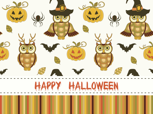 万圣节快乐的图案与南瓜和猫头鹰在白色的背景图片下载