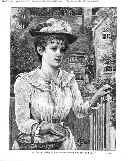 维多利亚插图迷人的女士与篮子在花园门口图片下载