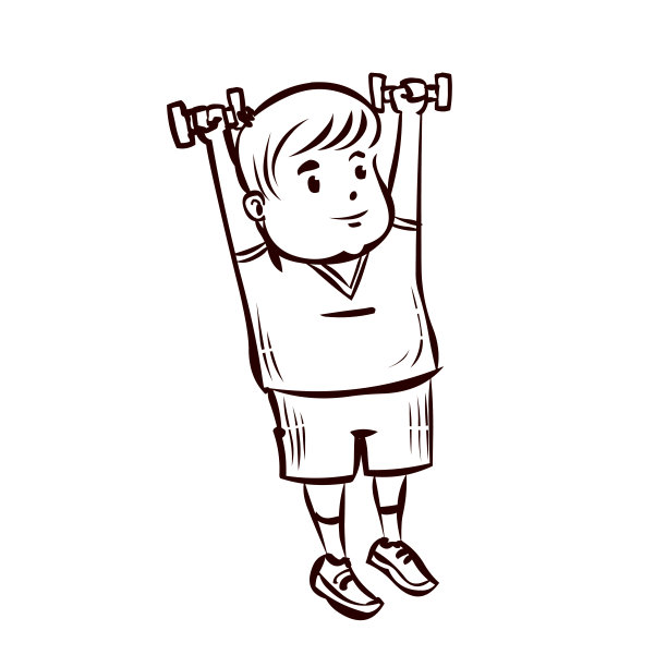 不喜欢运动的年轻人用哑铃做运动。手绘的卡通图片下载