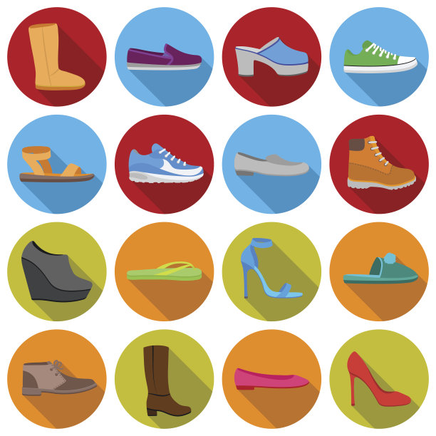 鞋子设置图标在平底风格。大集合鞋向量图片下载