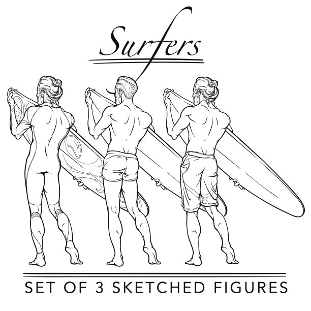 一套后视图冲浪者孤立在白色背景图片下载