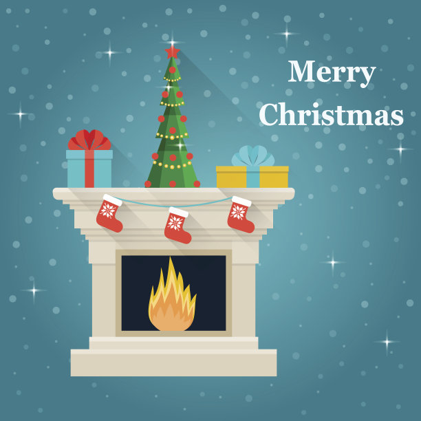 圣诞树、壁炉和礼物。矢量平面插图图片下载