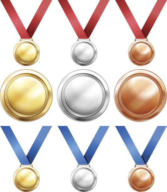 三种带有红蓝丝带的奖牌图片下载