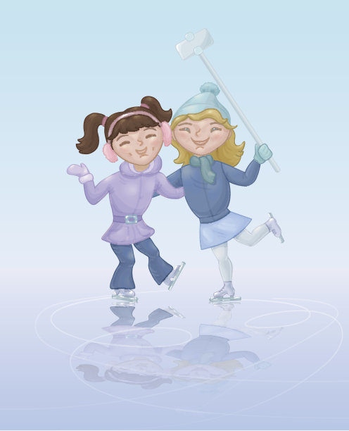 两个女孩滑冰和自拍。可爱的卡通人物图片下载