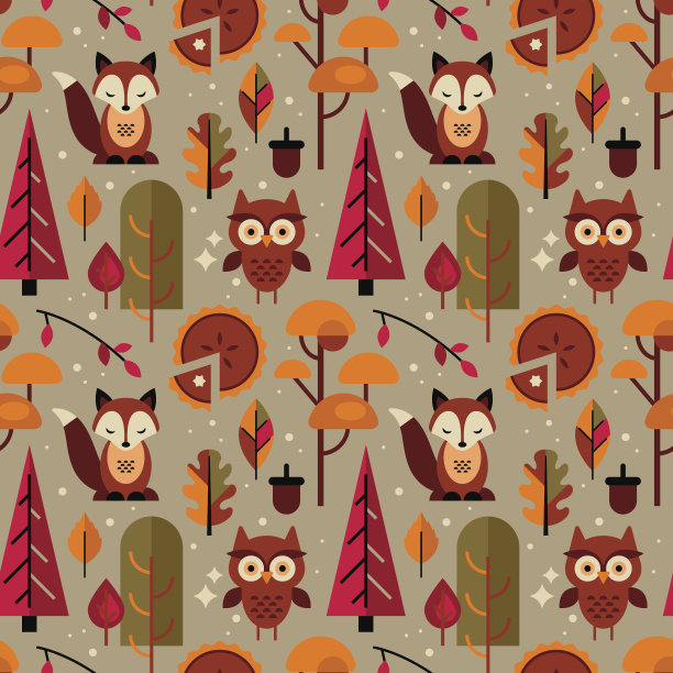 秋天无缝图案与秋天的树木和可爱的森林动物图片下载