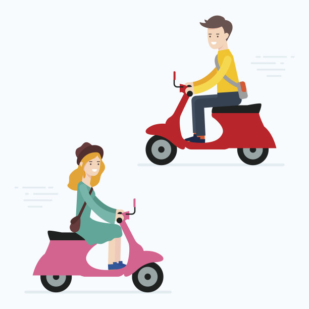 骑滑板车的男人和女人矢量图图片下载