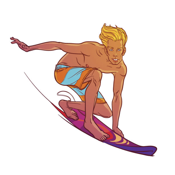 金发微笑冲浪者在干衣孤立在白色的背景图片下载