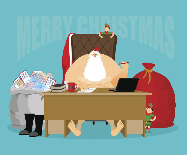 圣诞快乐。圣诞老人的办公室。圣诞老人检查孩子们的邮件。图片下载
