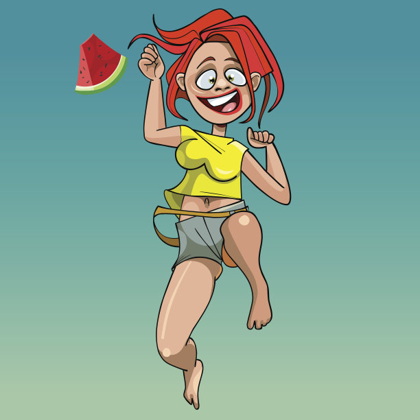 卡通滑稽的女人拿着一块西瓜开心地跳着图片下载