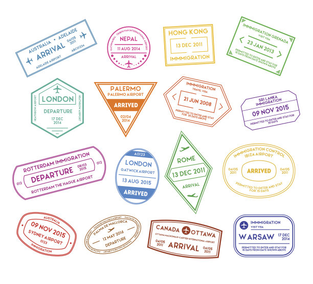 旅游邮票彩色套装。向量图片下载