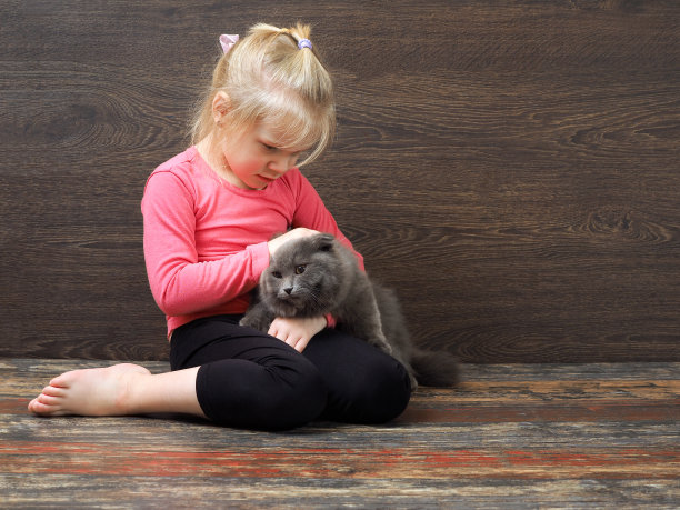 悲伤的孩子和小猫坐在地板上图片下载