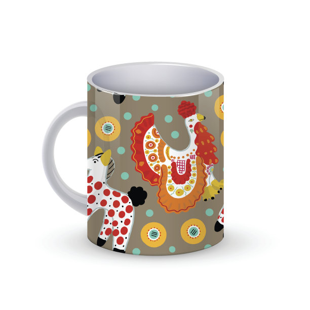 咖啡杯模板插图与美丽的无缝图案公鸡和图片下载