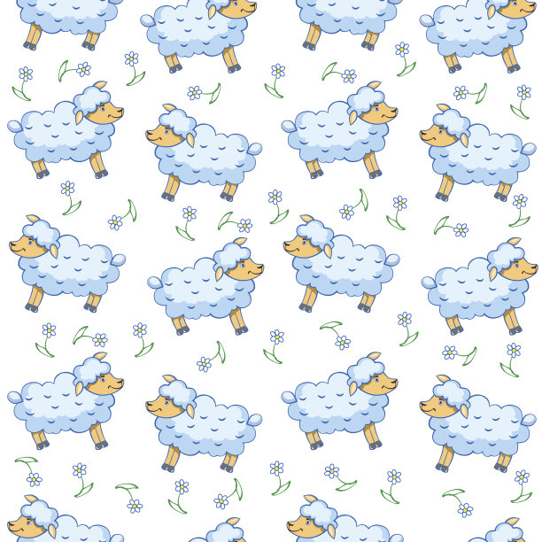 可爱的小羊羔卡通绵羊，矢量无缝图案素材图片