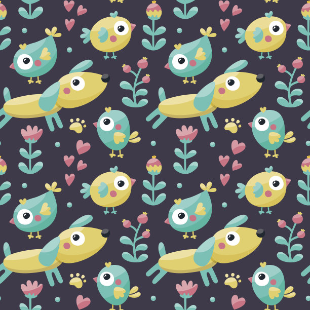 用狗、鸟、花、爪子、痕迹制作的可爱图案无缝衔接图片下载