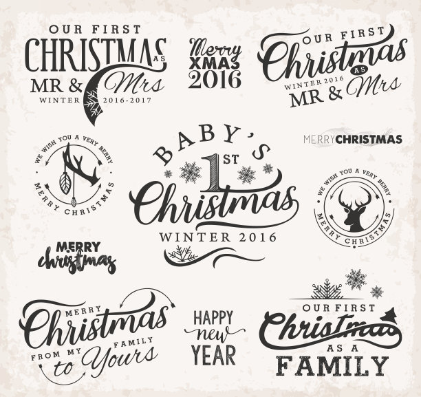第一个圣诞节作为家庭，宝宝，先生和夫人的圣诞设计元素素材图片