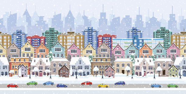 全景。无缝边界与冬季城市景观图片下载